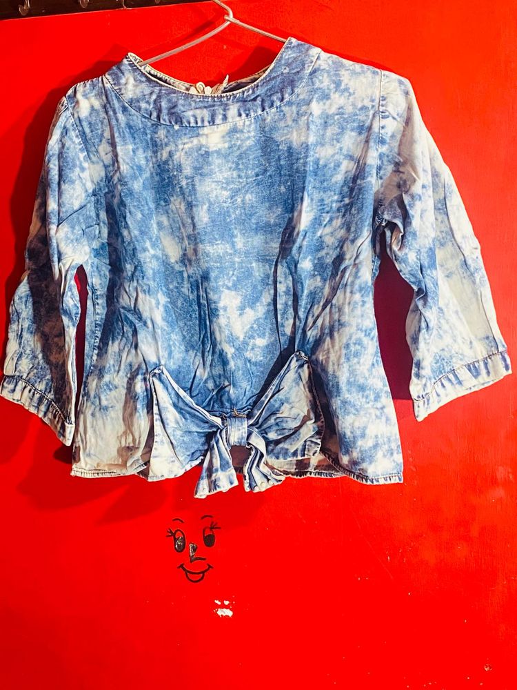 Blue Tie Front Denim Top