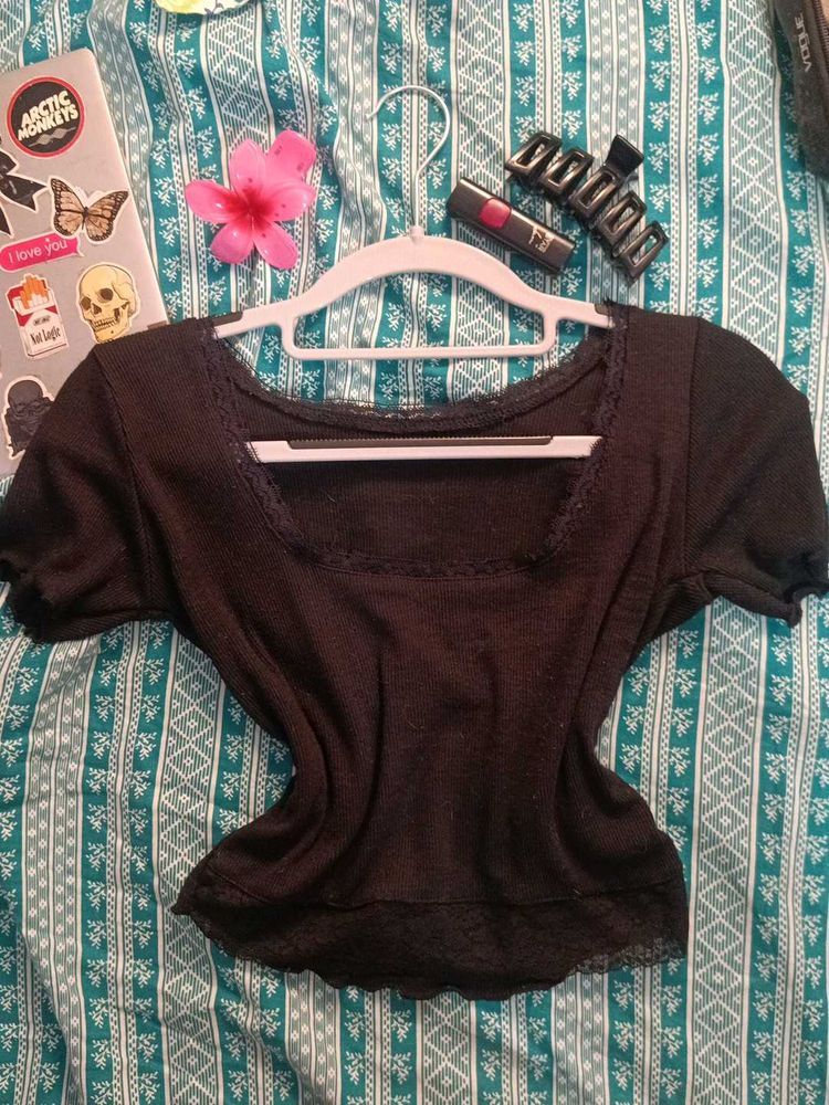Cute Black Lace Trim Top