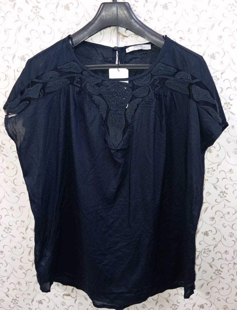 Mango Embroidered Black Blouse