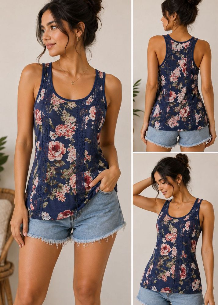 Floral Lace Trim Tank Top