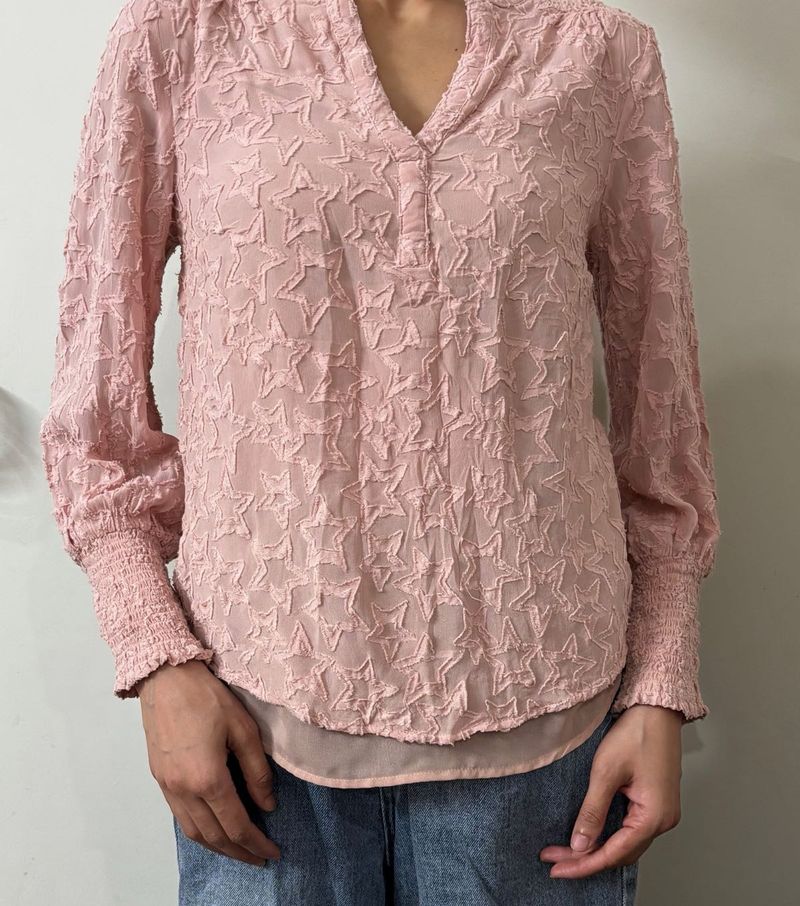 Chic Pink Star Textured Blouse