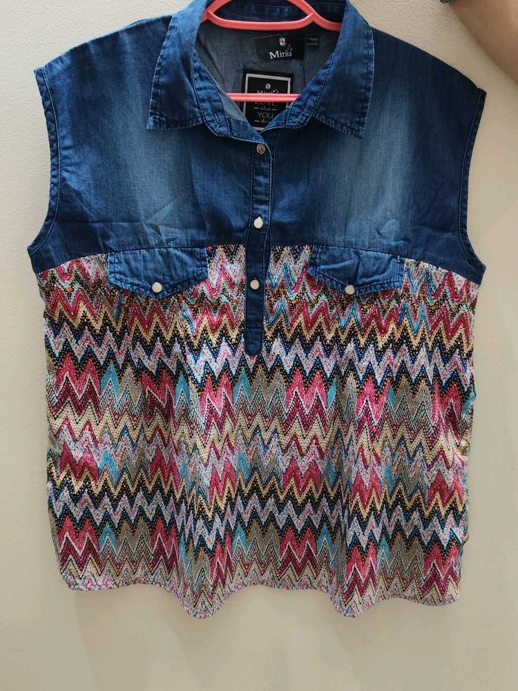 Stylish Denim &amp; Print Sleeveless Top