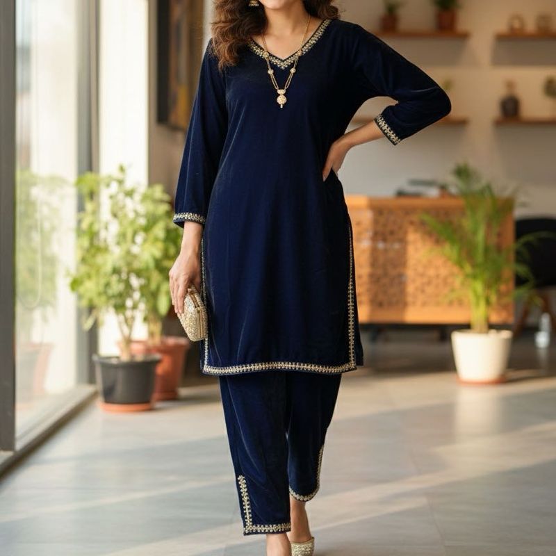 Elegant Navy Velvet Kurta coord set