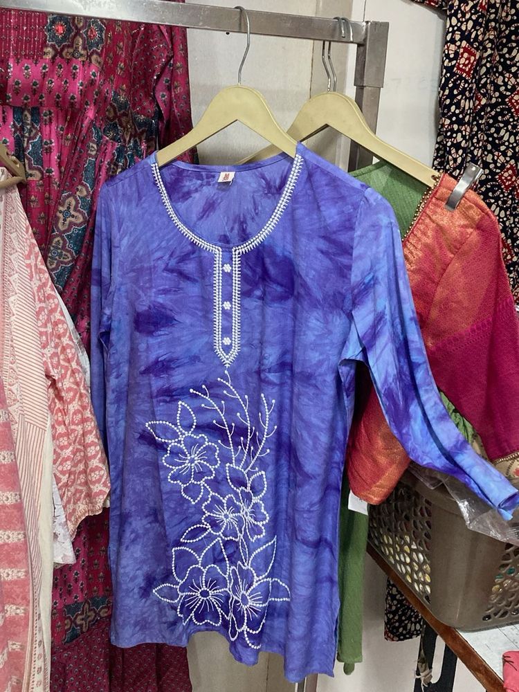 Vibrant Purple Tie-Dye Kurta with Floral Embroider