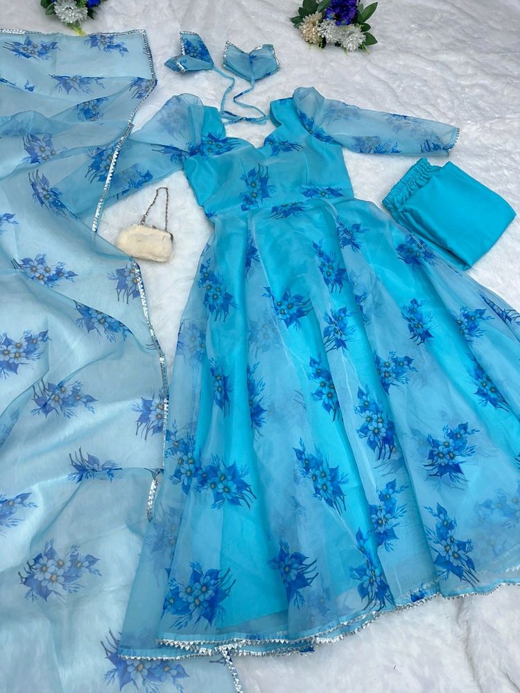 Organza Silk Anarkali Suit with huge Flair