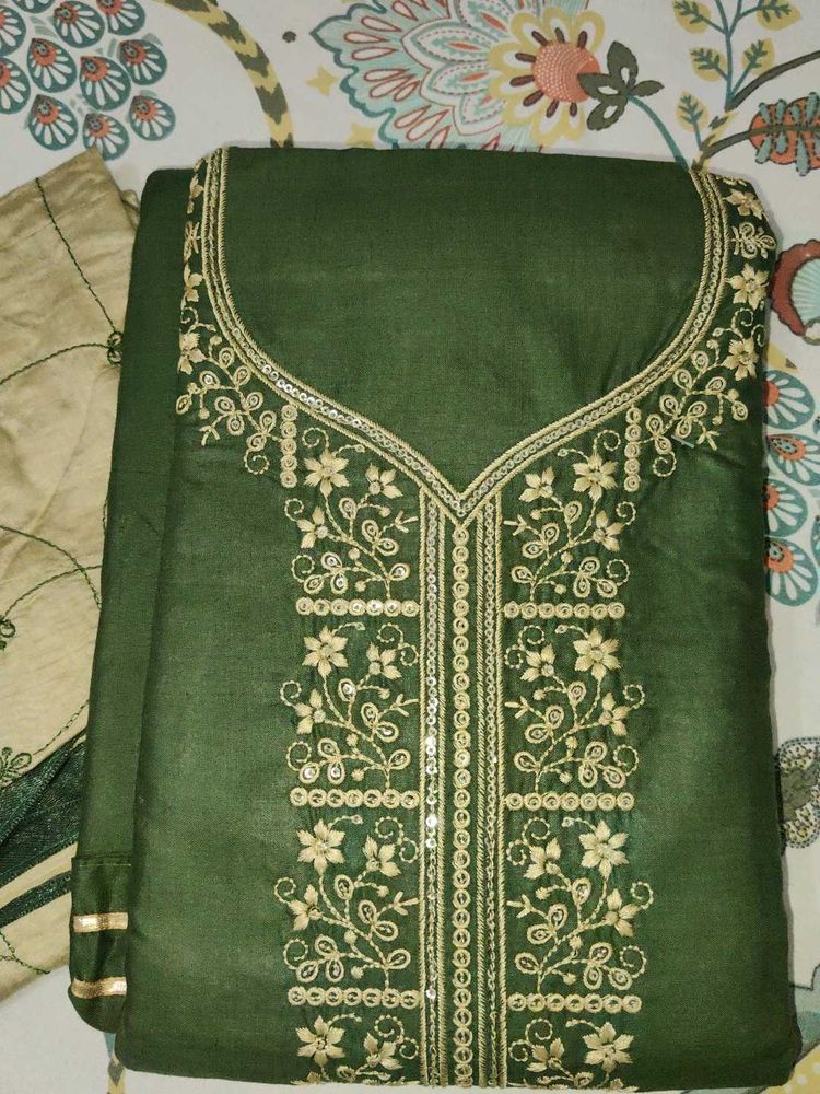 Elegant Green Embroidered unstitched dress