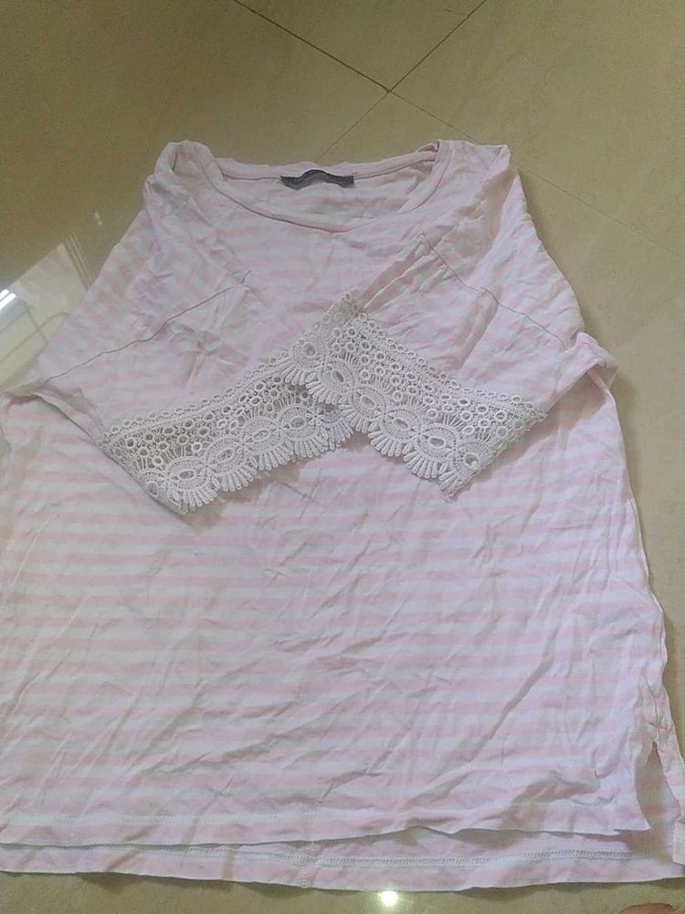 Pink Striped Lace Sleeve Top
