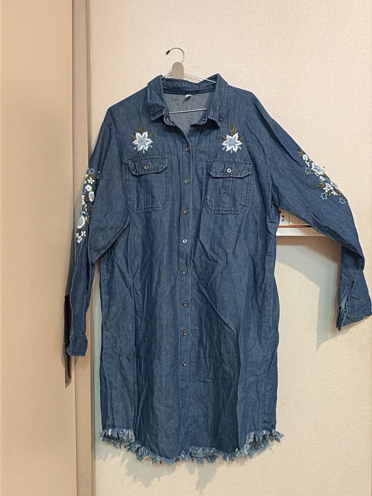 Embroidered Denim Shirt Dress