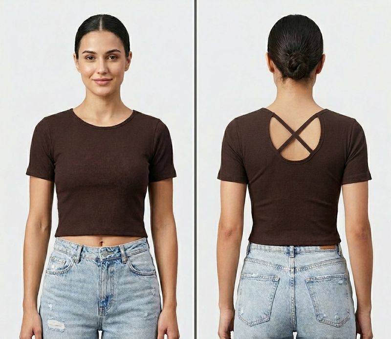 Brown Cropped T-Shirt with Back Detail