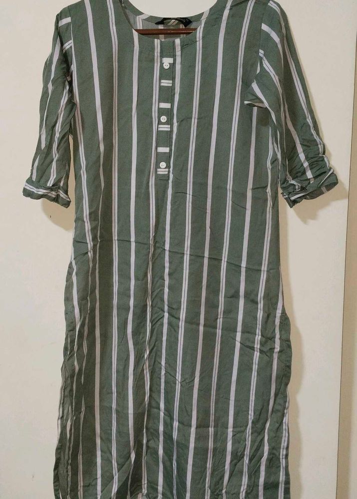 Olive Green &amp; White Striped Straight Kurti | Casua