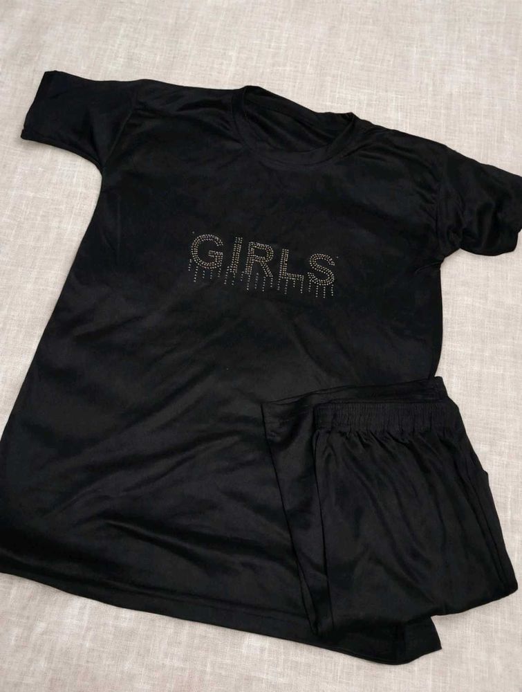 Girls Black Rhinestone T-Shirt &amp; Shorts Set