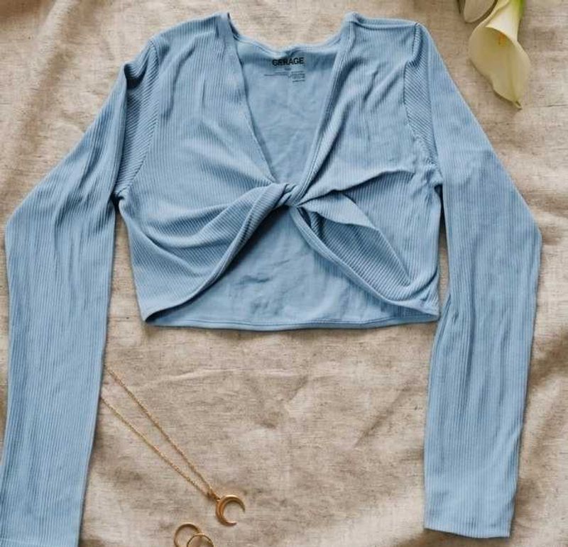 ribbed Light Blue Twist Front Crop Top