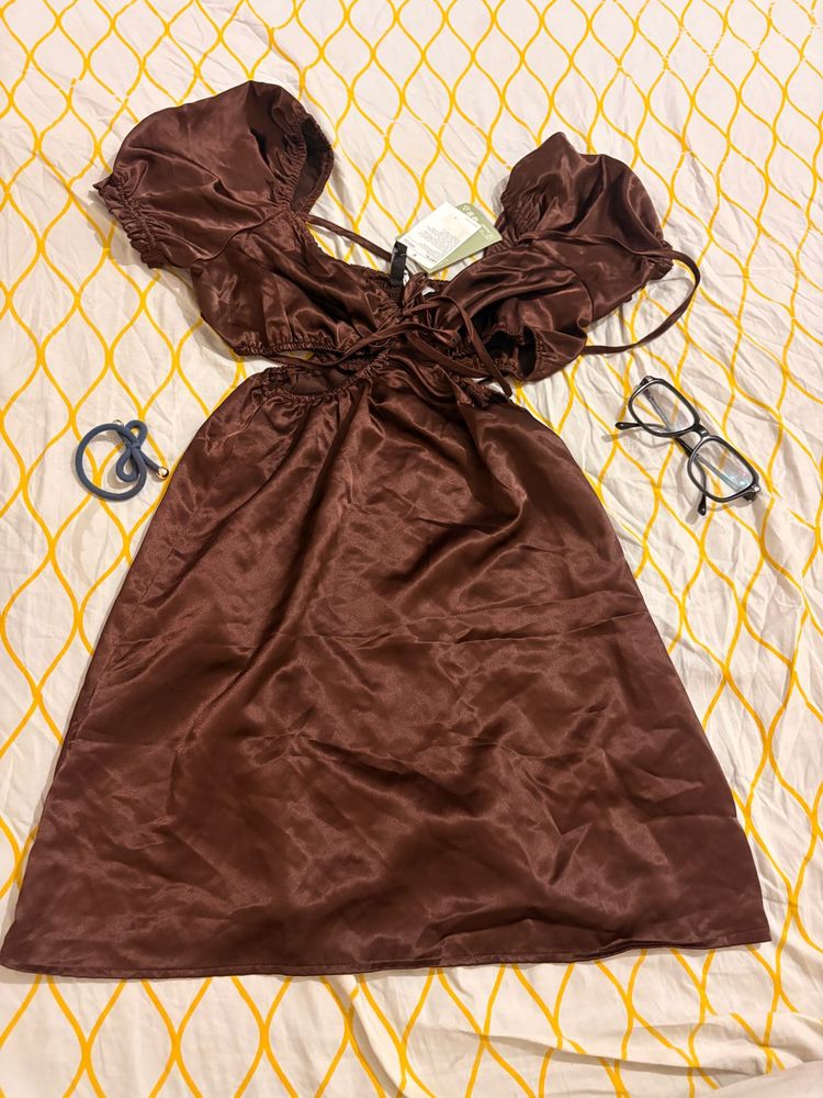 Chic Brown Satin Cutout Dress