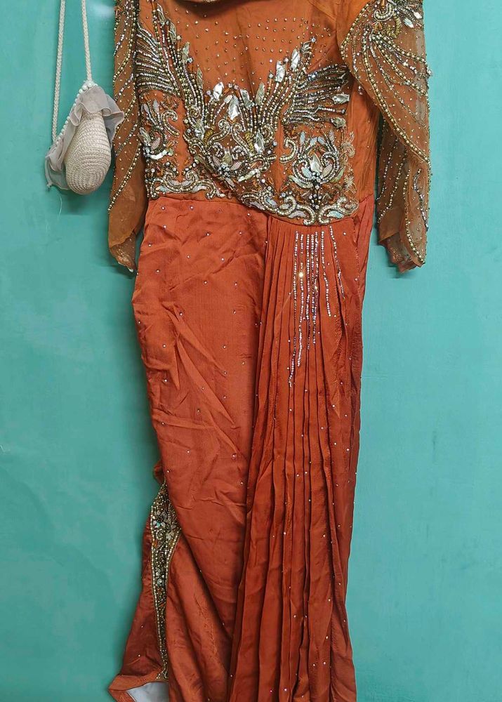 Elegant Orange Embellished Ethnic Gown