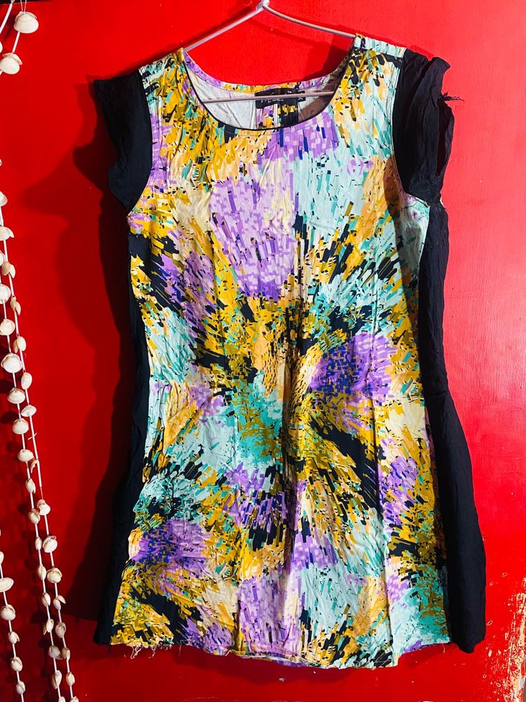 Abstract Print Dress with Solid Black Trim