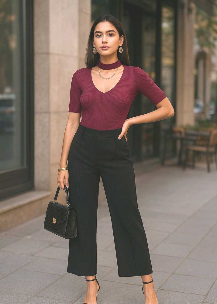 Women Burgundy V Neck Crop Top Sweater