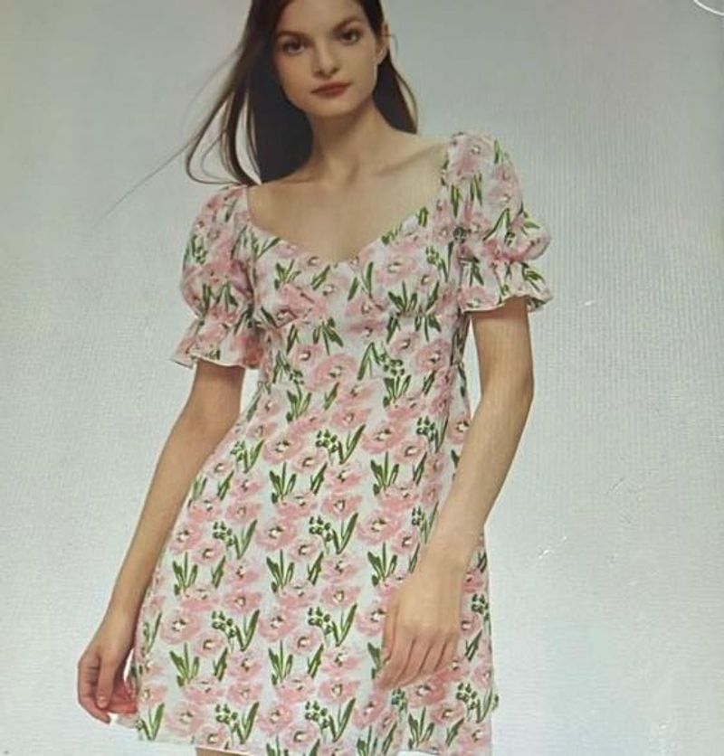 Floral print short puff sleeve dress