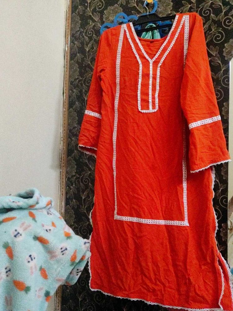 Orange Kurta with White Lace Trim
