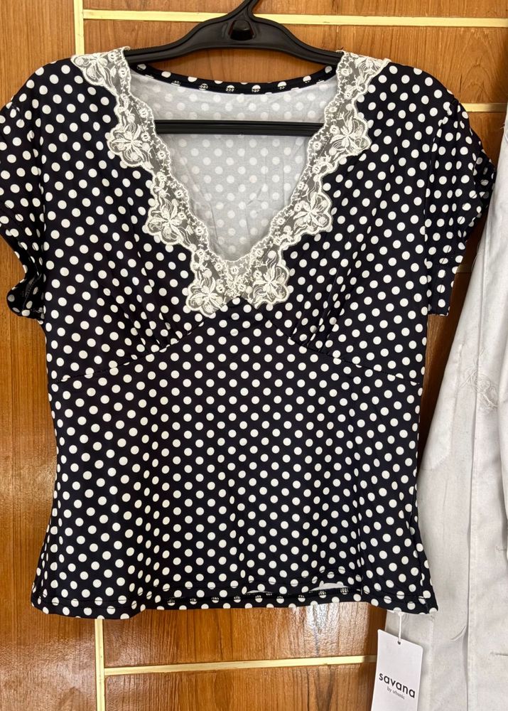 polka dot lace trimmed top