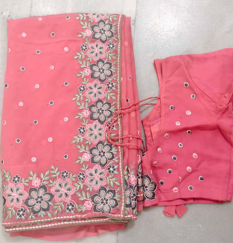 Beautiful Embroidered Pink Saree with blouse