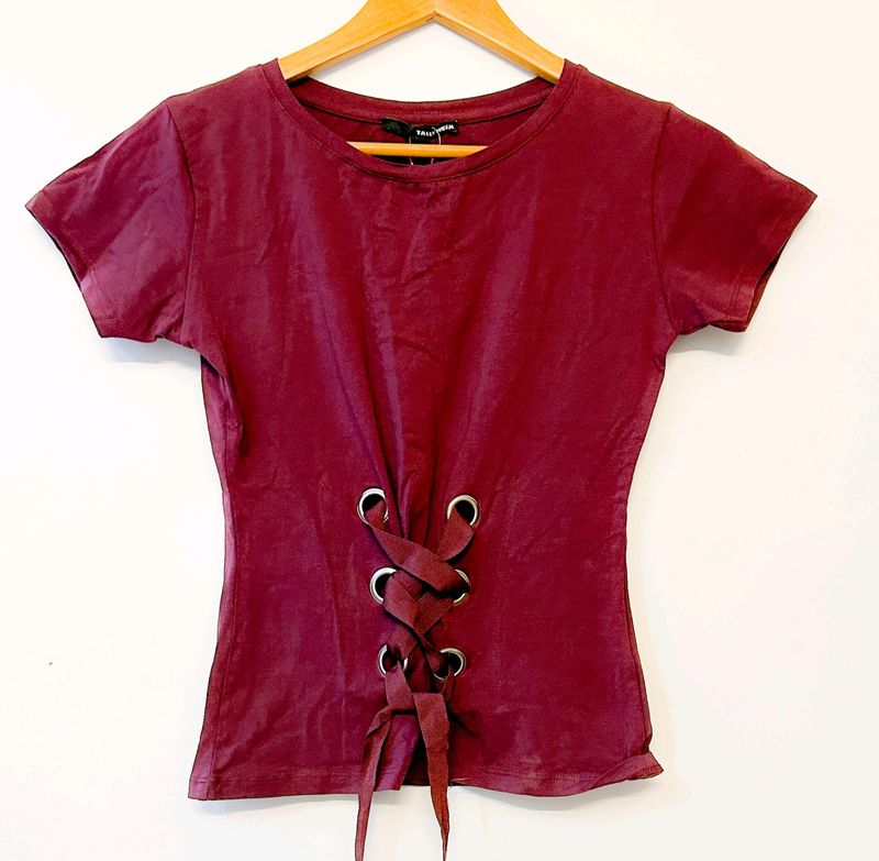 Tally Weijl Goth Corset Burgundy Maroon Tie Up Tee