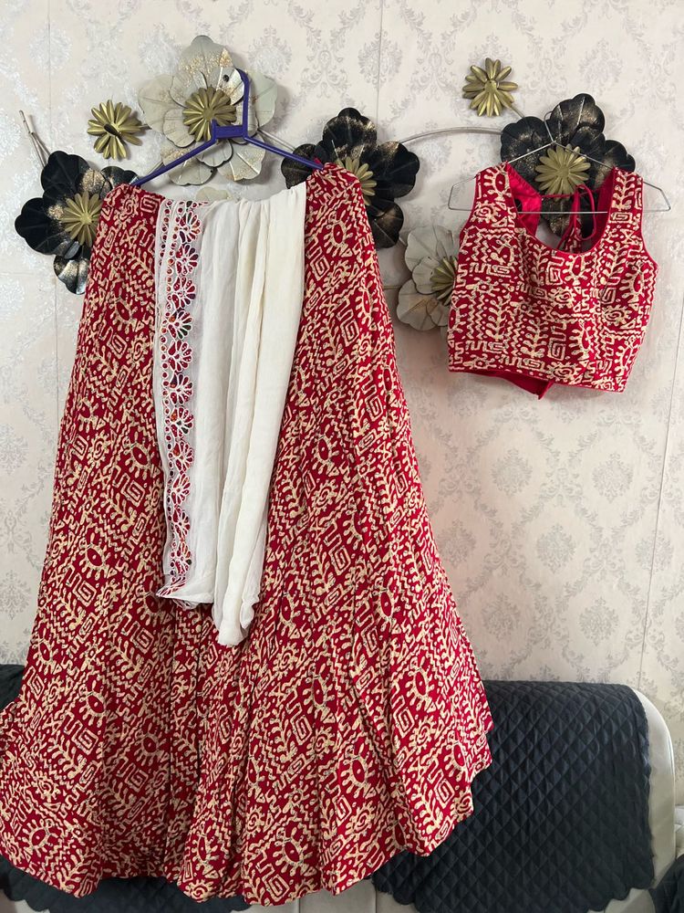 Red &amp; Cream Printed Lehenga Choli Set