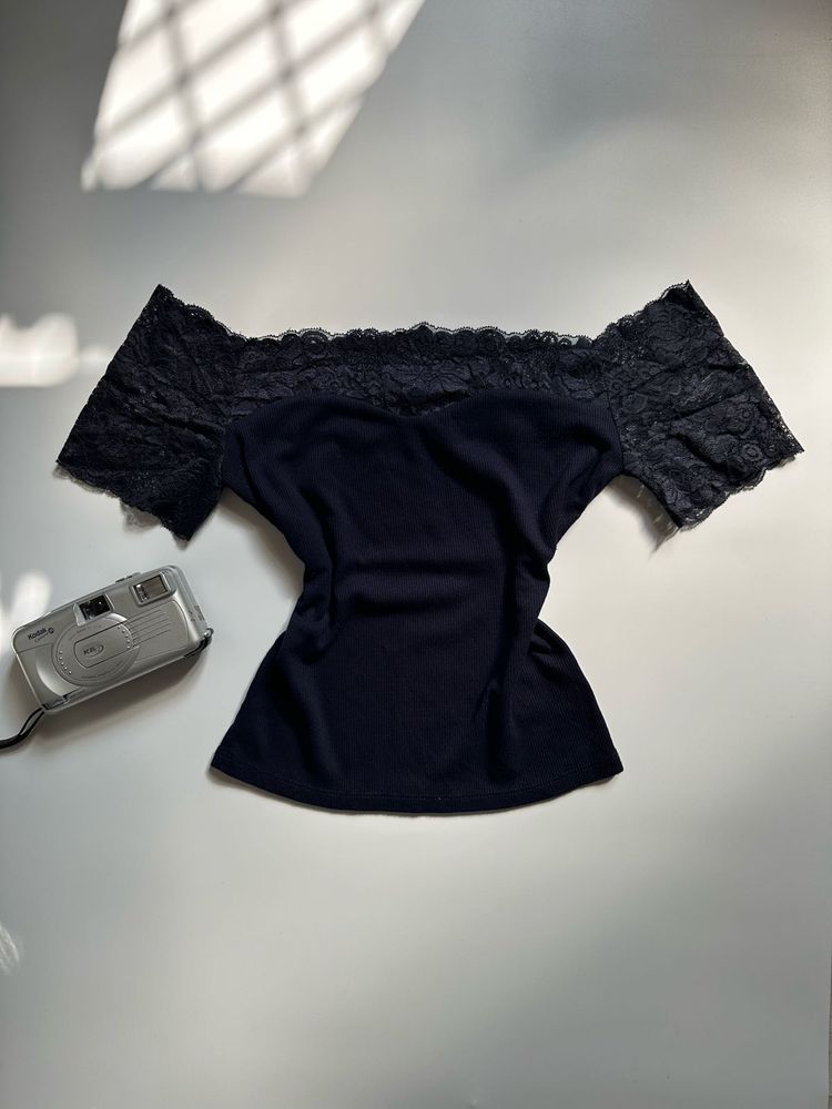 Navy Lace Trim Off-Shoulder Top