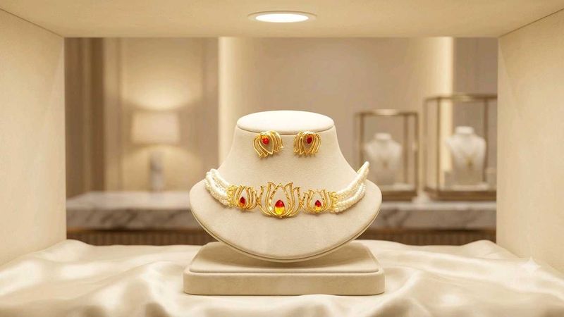 Stunning Gold &amp; Pearl Necklace &amp; Earrings Set