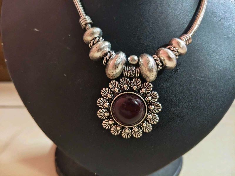 Boho Silver tone Necklace with red stone