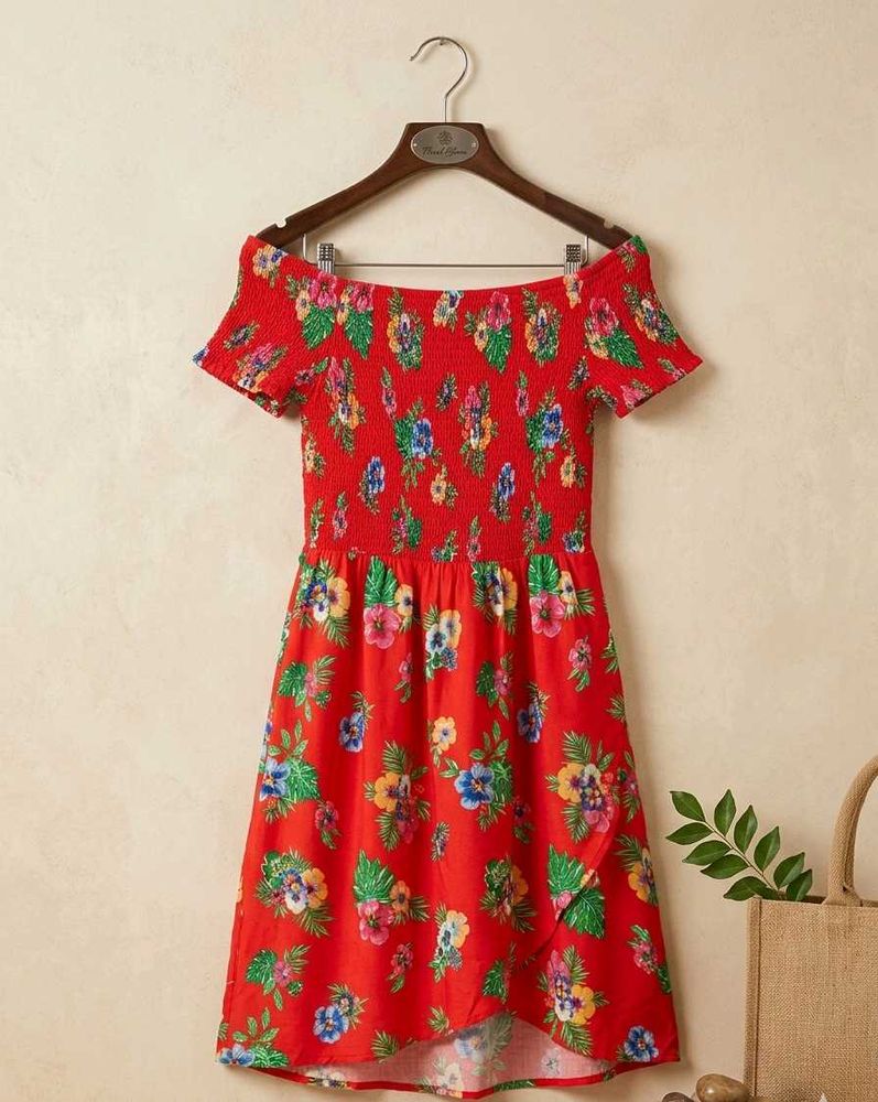 Red Floral Off-Shoulder Smocked Dress