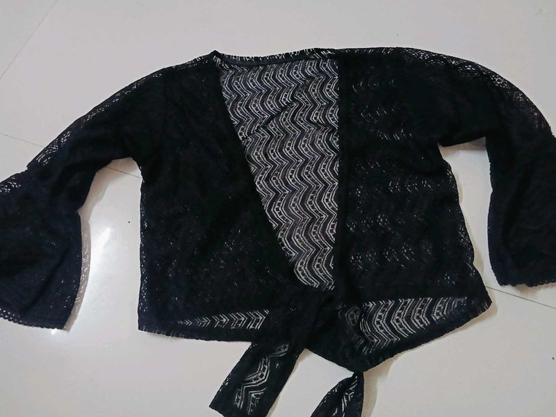Black Lace Tie-Front Kimono Cardigan