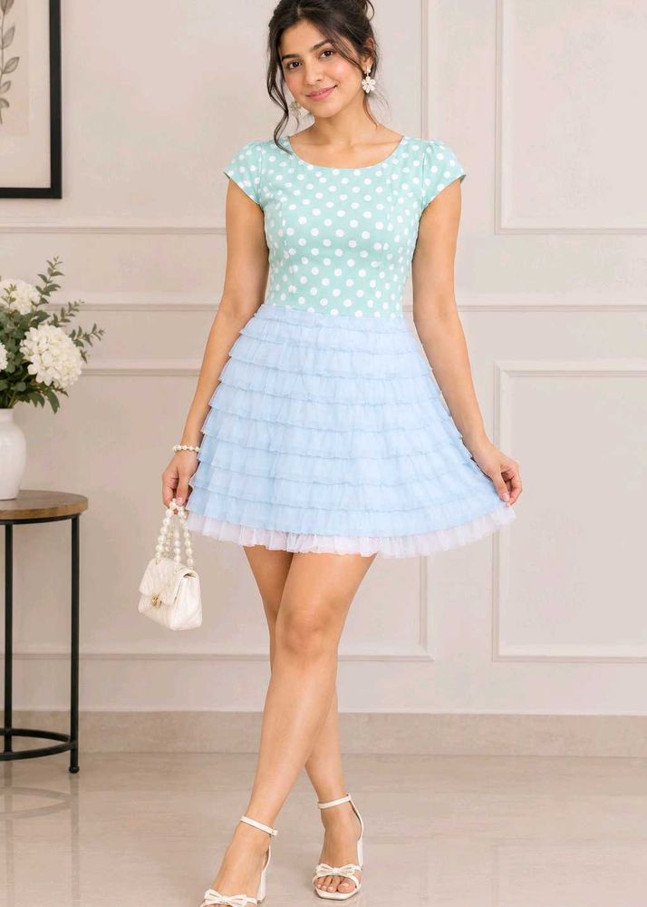 Mint Green Polka Dot &amp; Tiered Ruffle Mini Dress