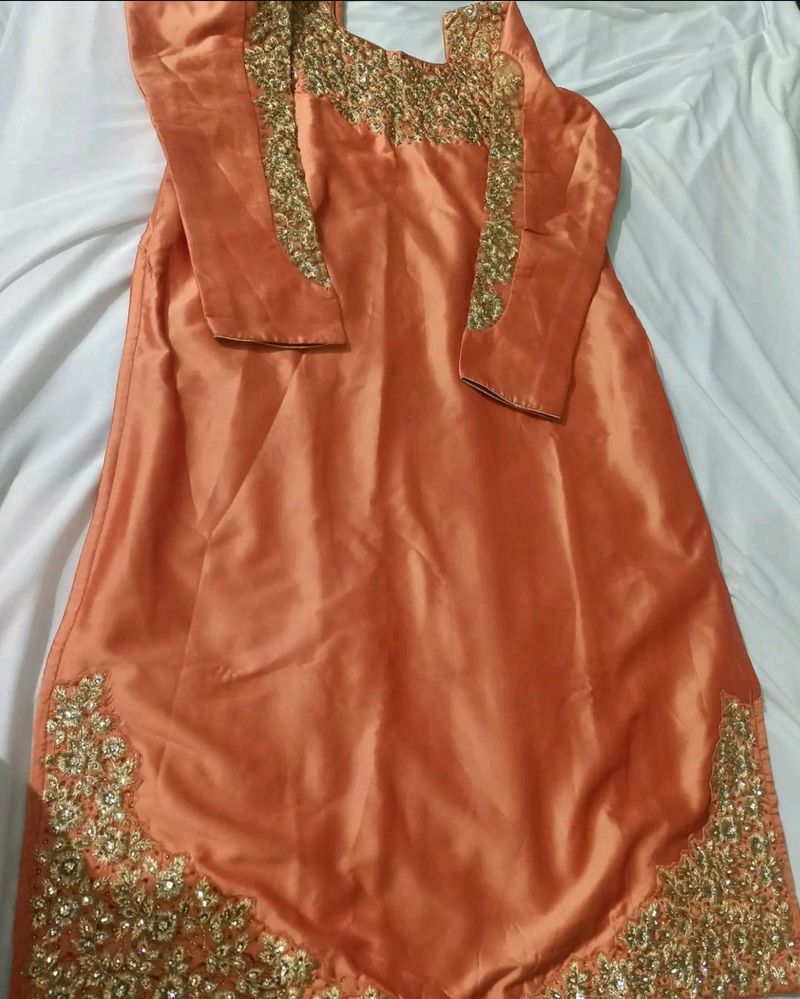 Coral Orange Zari Embroidered Motifs Kurta