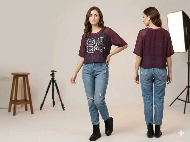 Trendy Purple Lace Crop Top with '84' Patch