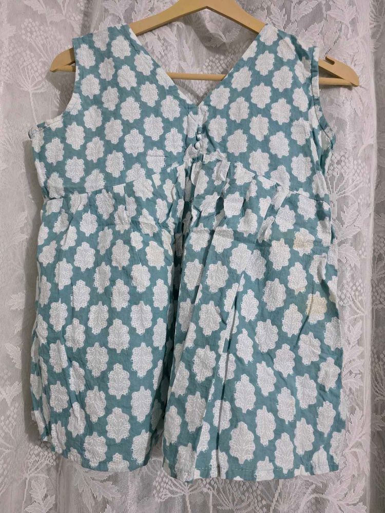 Teal &amp; White Block Print Kurta Set