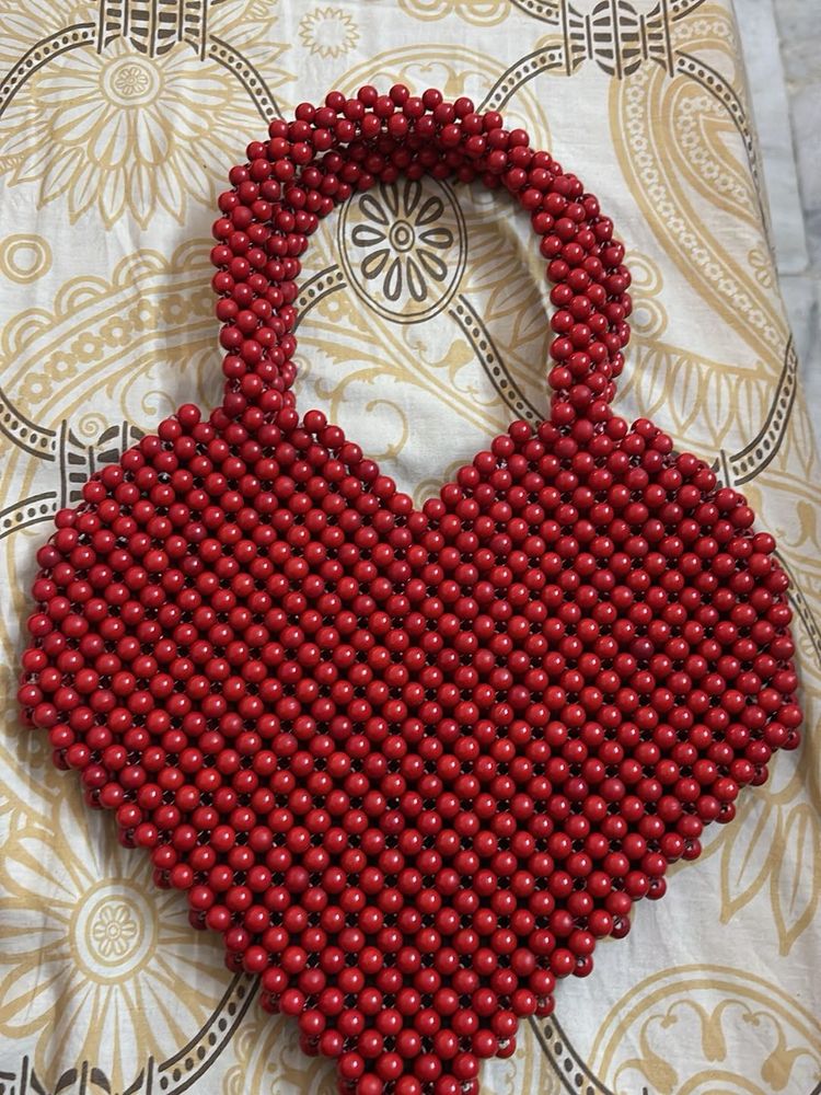 Red Beaded Heart-Shaped Handbag
