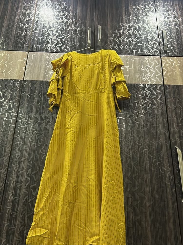 Elegant Yellow Striped Kurta with Ruffled one piec