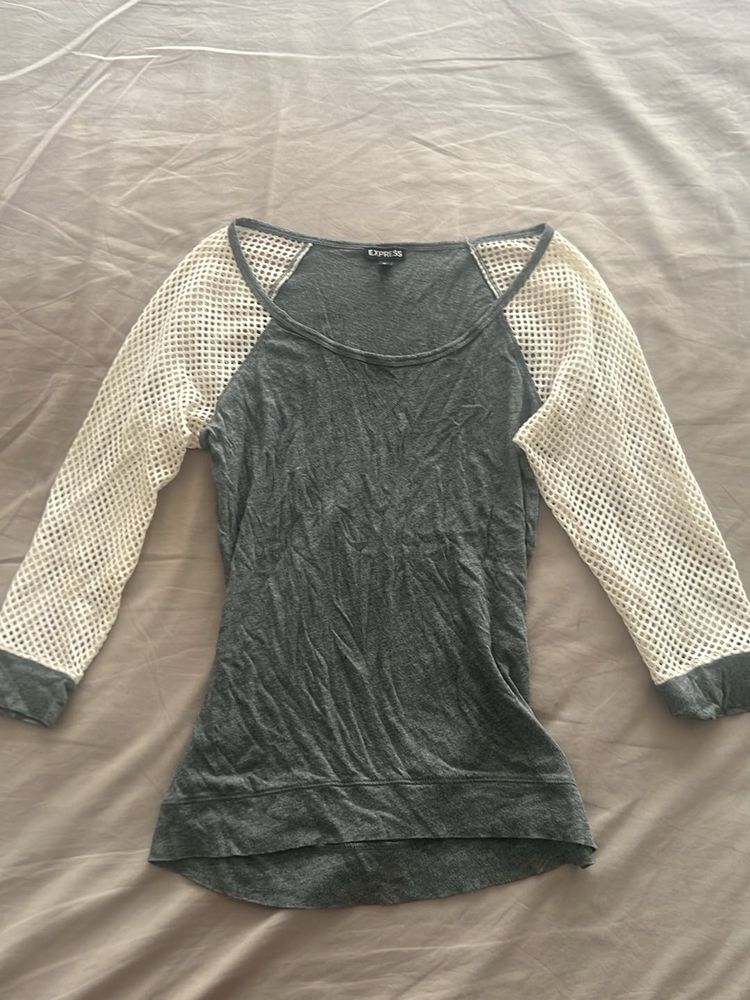 Express Grey Mesh Sleeve Top