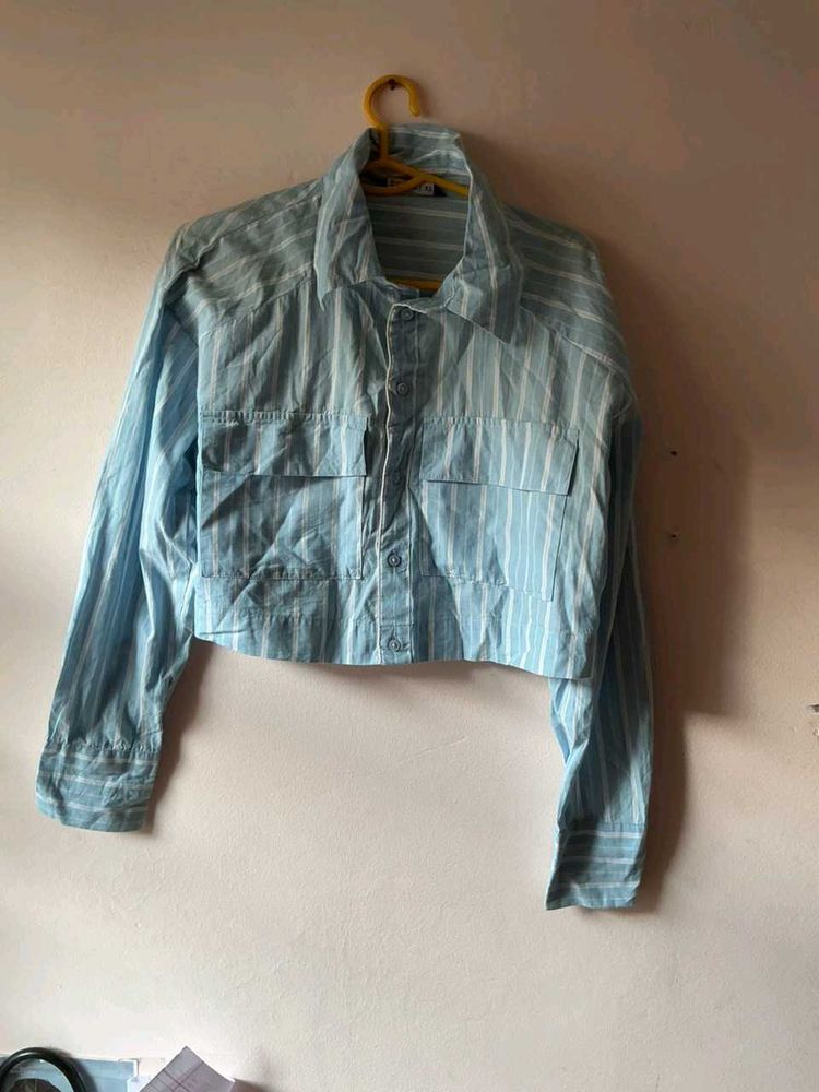 Light Blue Striped Cropped Shirt