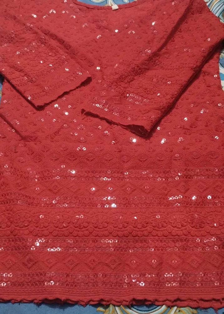 Red Embellished Kurta with Sequins