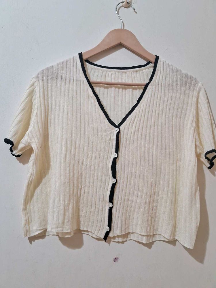 Cream &amp; Black Ribbed Cardigan Top