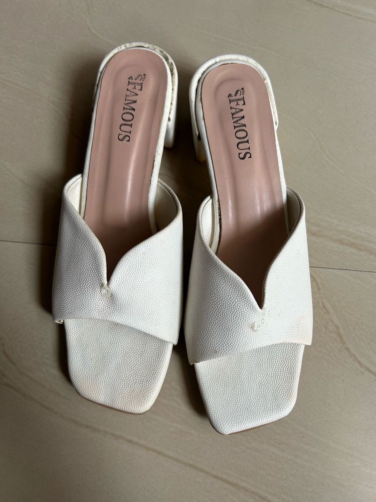 White Block Heel Mules