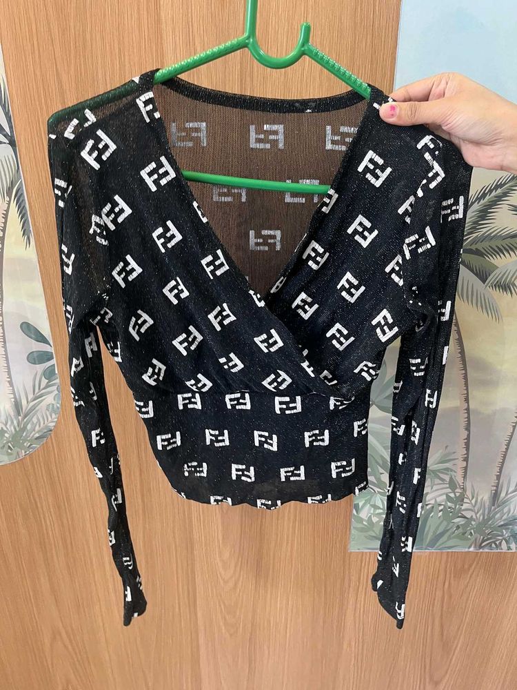 Sheer Logo Print Wrap Top