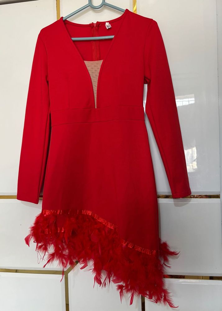 Red Feather Trim Party Dress
