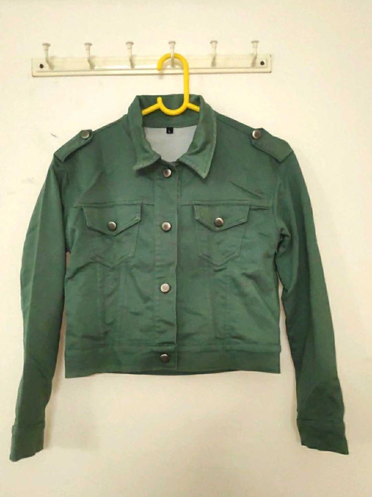 Olive Green Cropped Denim Jacket