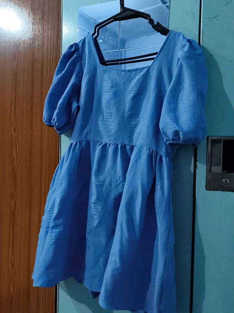 Blue Puff Sleeve Square Neck Dress