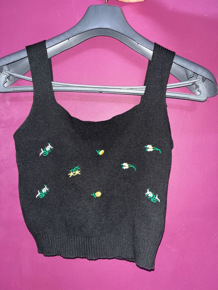 Black Embroidered Knit Crop Top