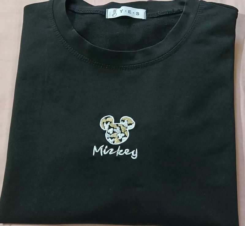 Cute Mickey Mouse Embroidered Black T-Shirt
