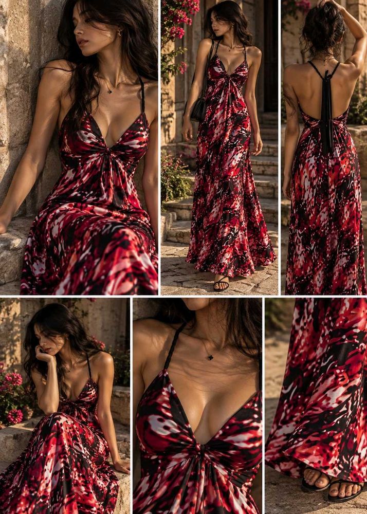 6529. Stunning Red &amp; Black Printed Maxi Dress