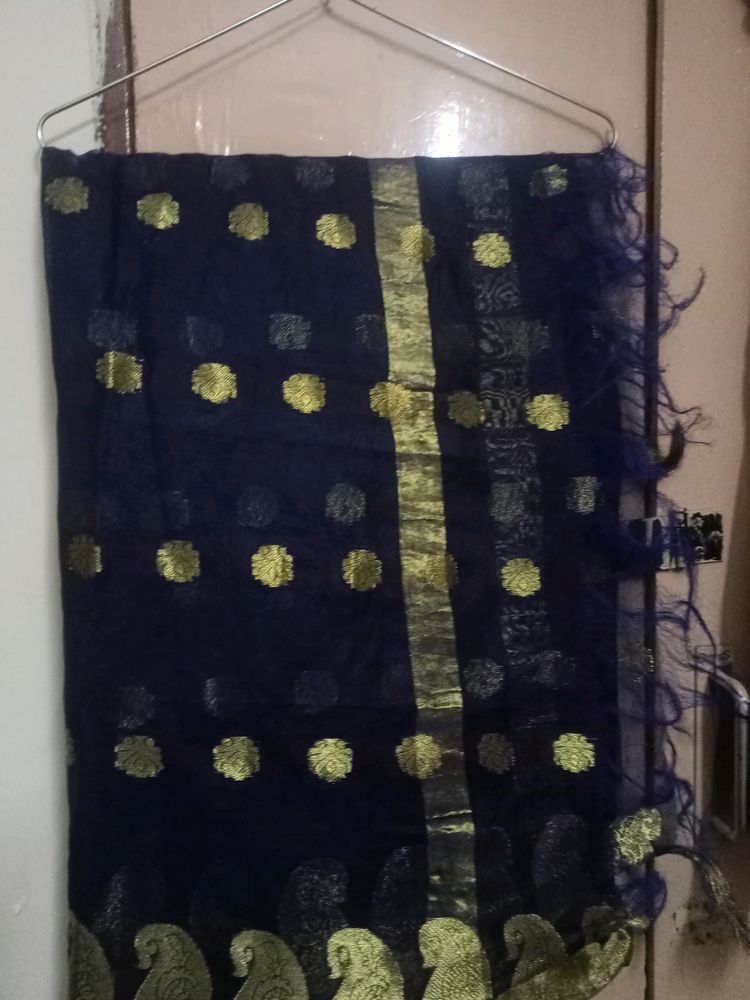 Dark Blue Colour Woven Floral Print Banarsi Dupatt